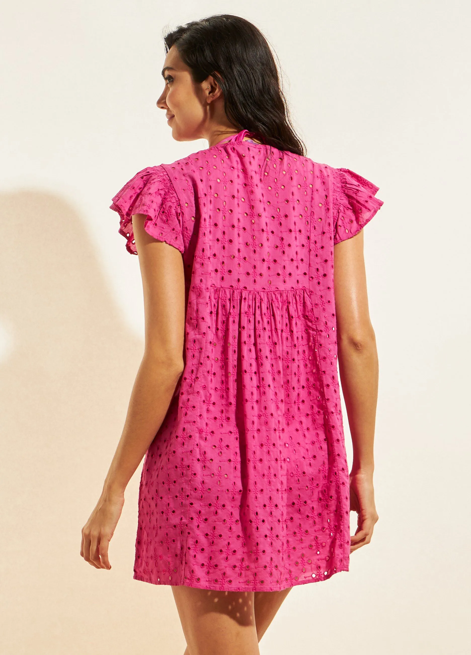 Abito copricostume corto in puro cotone ricamato donna