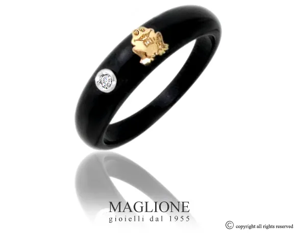 Anello Dalù in ceramica con colore a scelta, rana in oro bianco o giallo 18kt e diamante naturale
