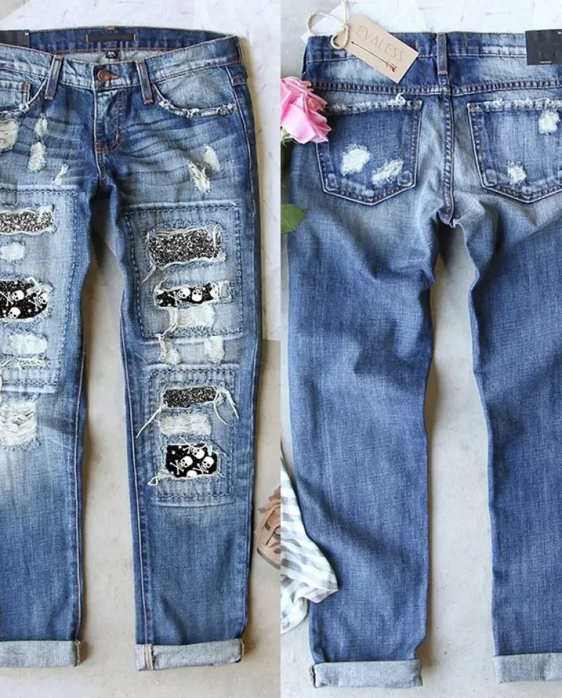 Autumn And Winter New  And    Skull Hole Patch Jeans Women's Straight Trousers In Stock
