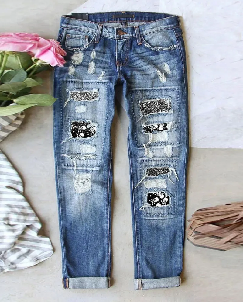Autumn And Winter New  And    Skull Hole Patch Jeans Women's Straight Trousers In Stock
