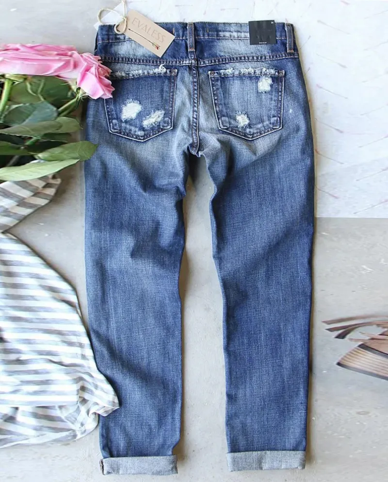 Autumn And Winter New  And    Skull Hole Patch Jeans Women's Straight Trousers In Stock