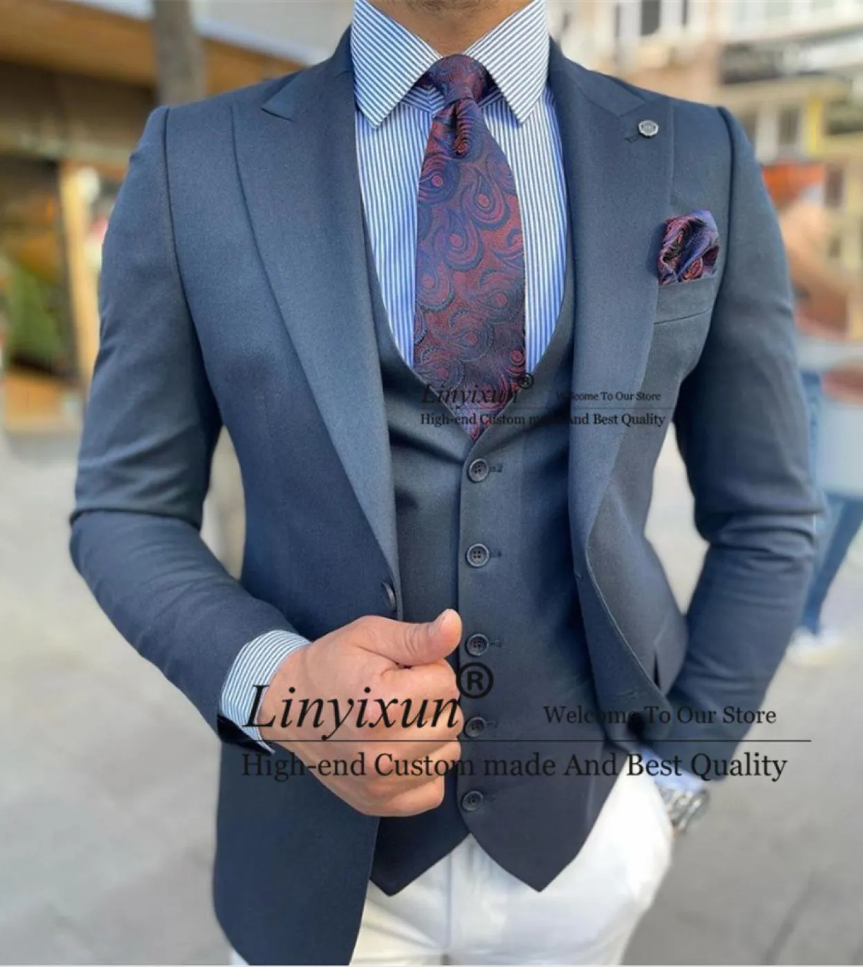 Bellissimi abiti da uomo blu navy blazer da lavoro slim fit smoking da sposo da sposa set da 3 pezzi giacca gilet pantaloni bian
