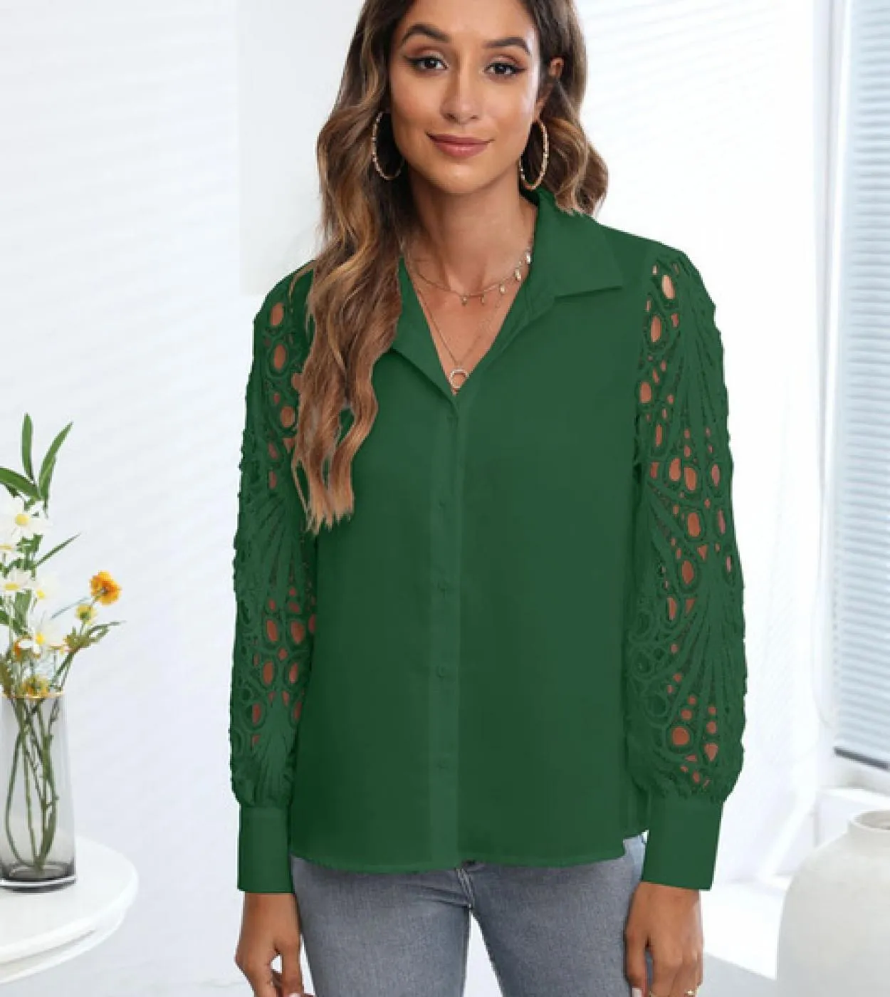 Camicetta a maniche lunghe in pizzo con scollatura Camicia da ufficio da donna Moda 2022 Primavera ed estate Bottoni Top Abiti l