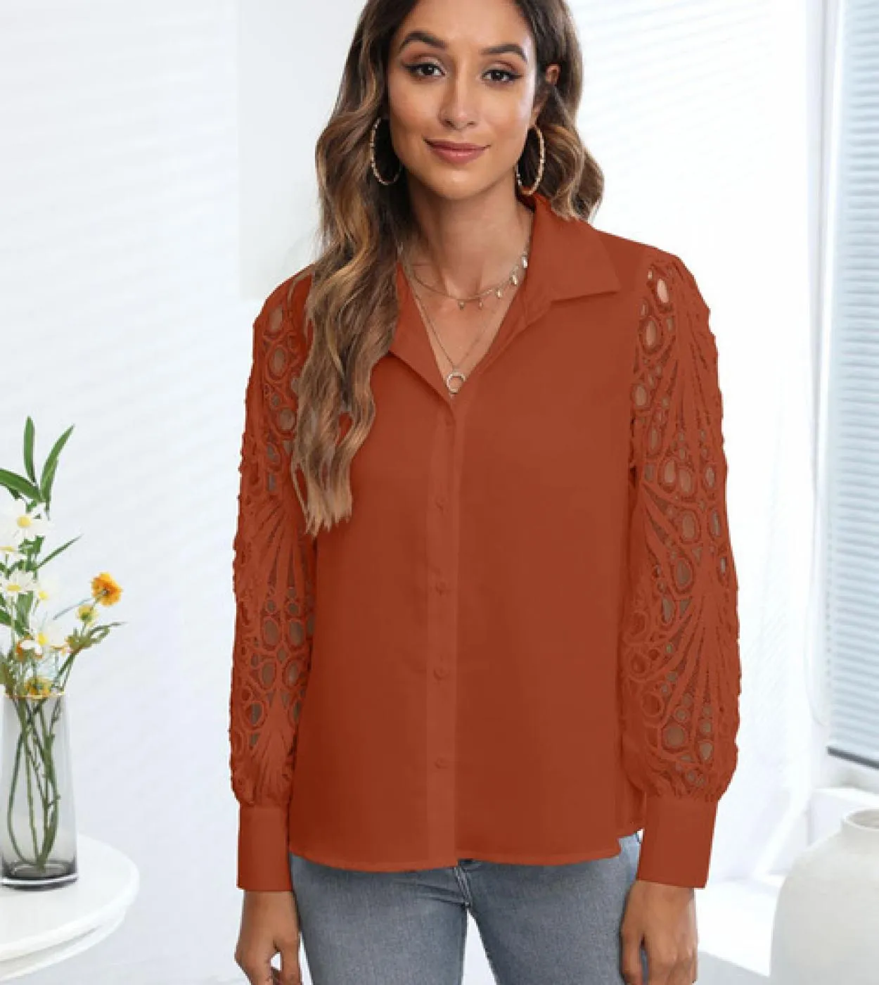 Camicetta a maniche lunghe in pizzo con scollatura Camicia da ufficio da donna Moda 2022 Primavera ed estate Bottoni Top Abiti l