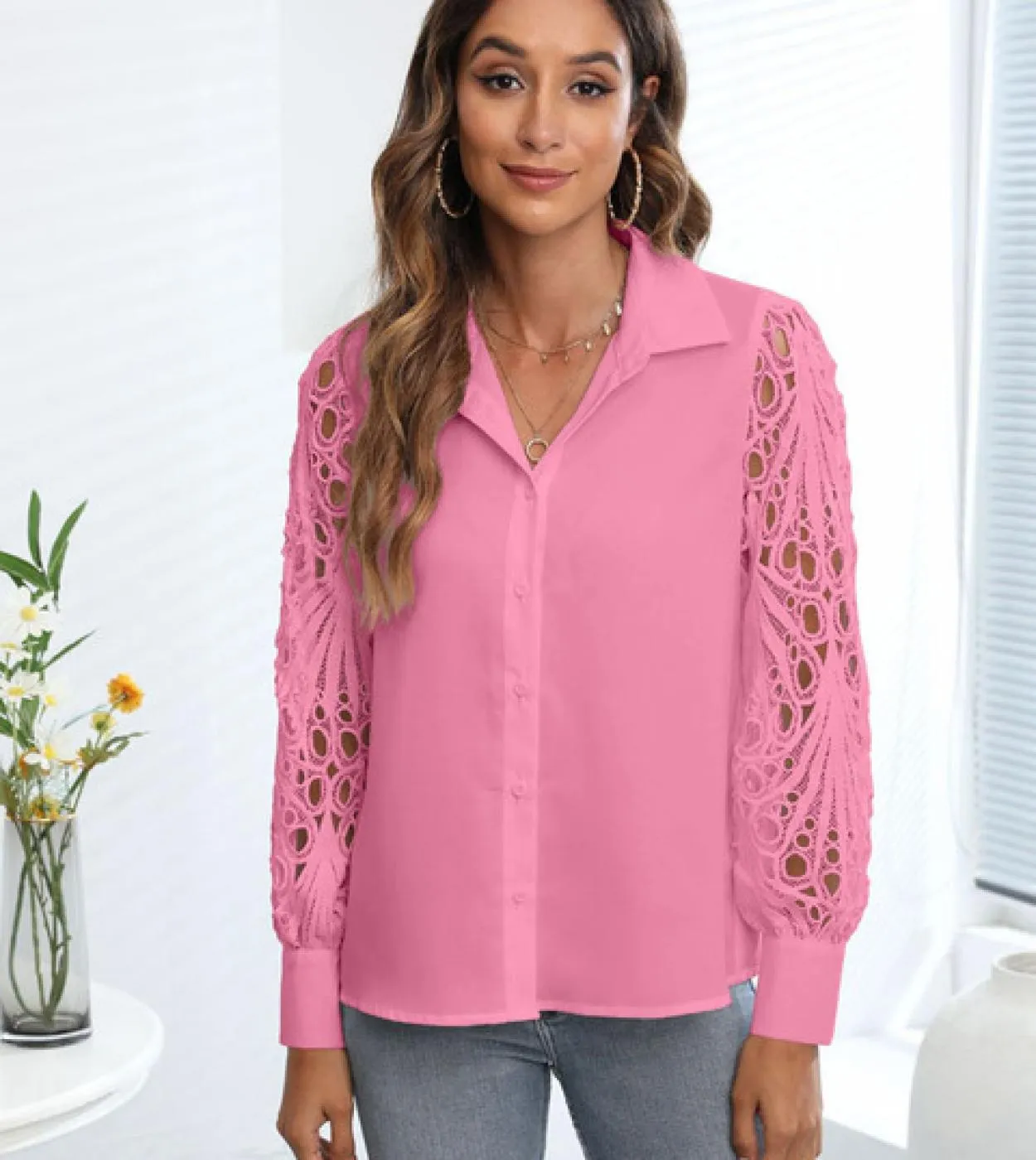 Camicetta a maniche lunghe in pizzo con scollatura Camicia da ufficio da donna Moda 2022 Primavera ed estate Bottoni Top Abiti l