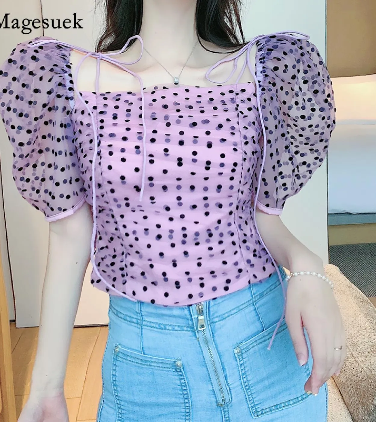 Camicetta estiva con spalle scoperte Camicetta a maniche corte in chiffon a pois da donna con cinturino increspato Camicia a man