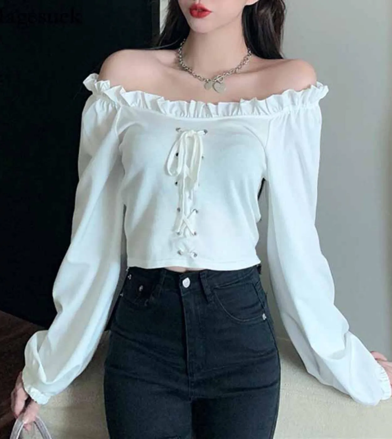 Camicia a maniche lunghe con spalle scoperte in autunno Camicetta bianca tinta unita in cotone con top da donna Camicette da don