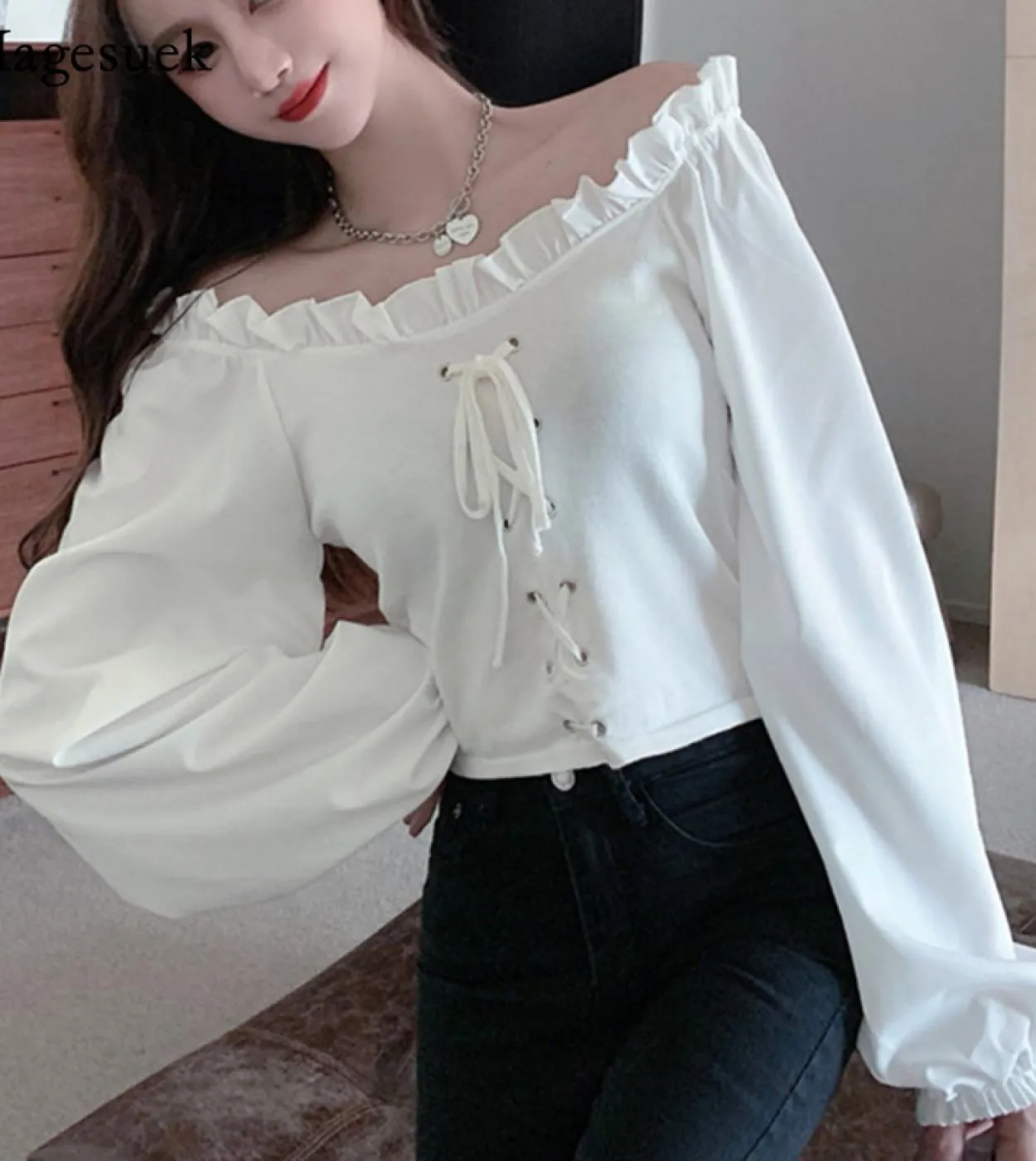 Camicia a maniche lunghe con spalle scoperte in autunno Camicetta bianca tinta unita in cotone con top da donna Camicette da don