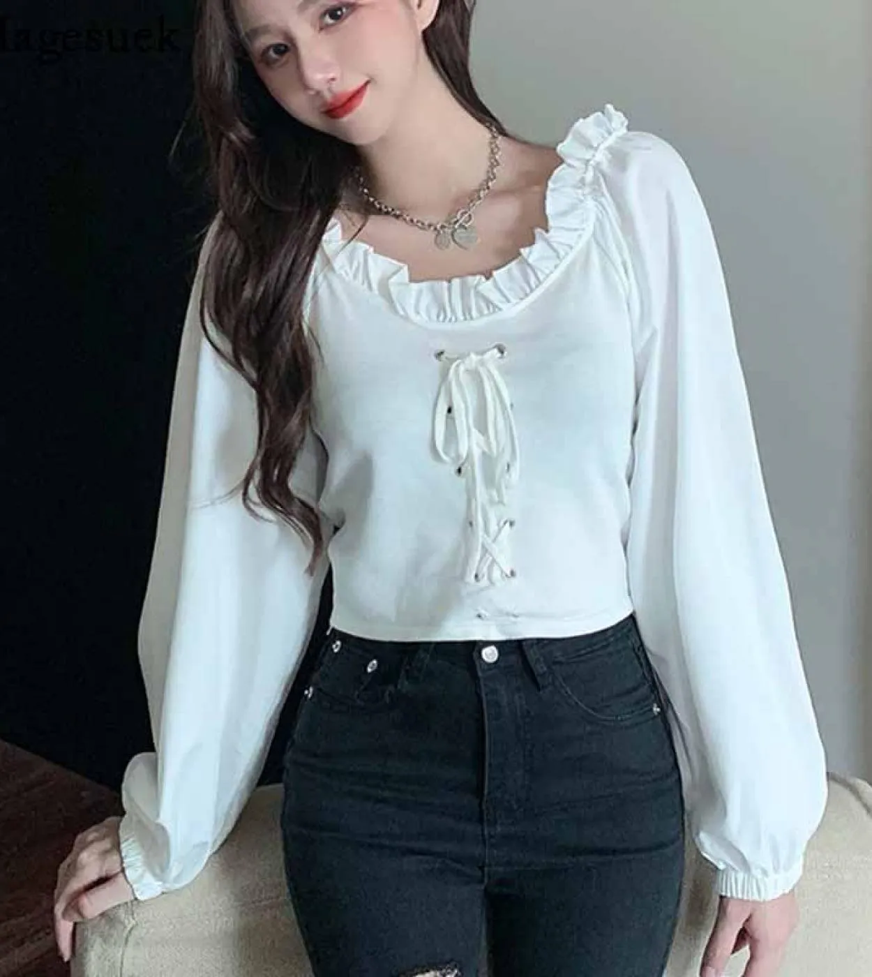 Camicia a maniche lunghe con spalle scoperte in autunno Camicetta bianca tinta unita in cotone con top da donna Camicette da don