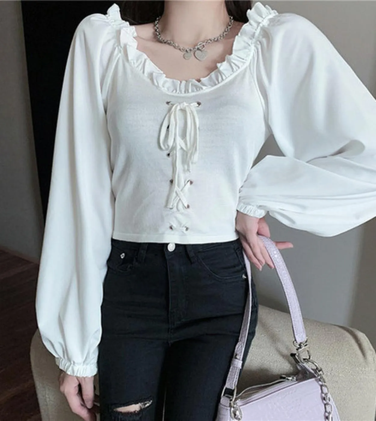 Camicia a maniche lunghe con spalle scoperte in autunno Camicetta bianca tinta unita in cotone con top da donna Camicette da don
