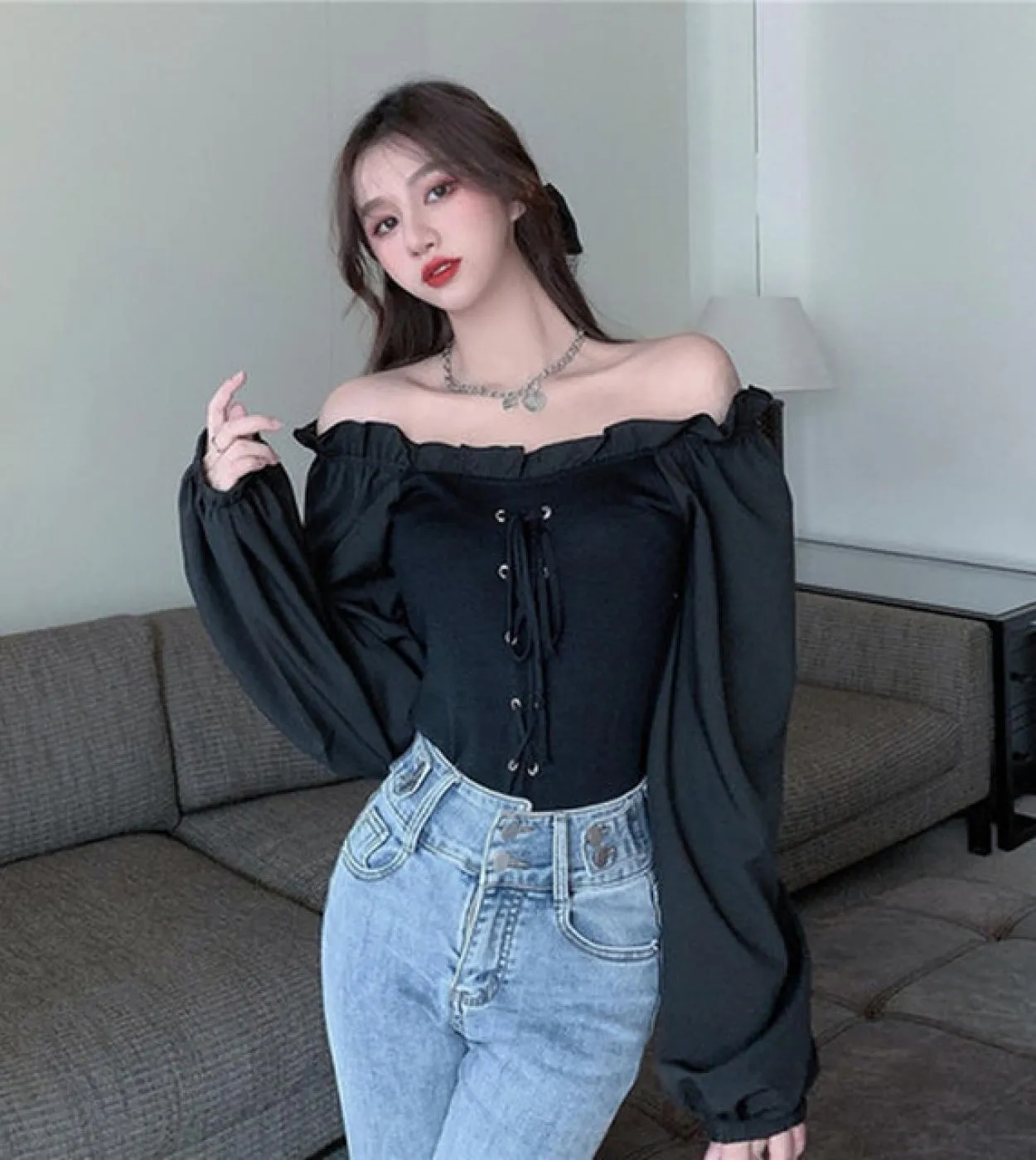 Camicia a maniche lunghe con spalle scoperte in autunno Camicetta bianca tinta unita in cotone con top da donna Camicette da don