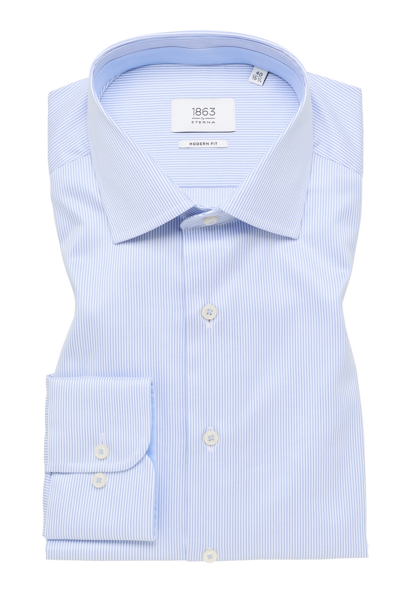 Camicia a righe celeste eterna modern fit in cotone twill no stiro