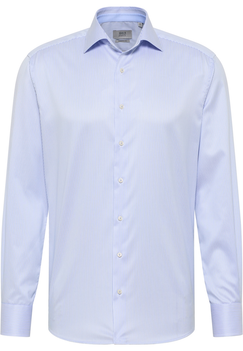 Camicia a righe celeste eterna modern fit in cotone twill no stiro