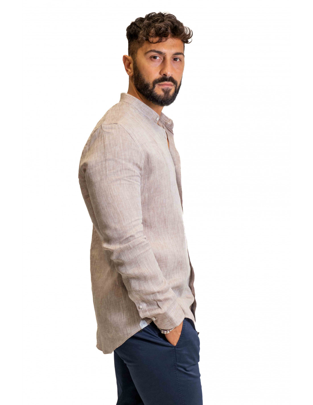 Camicia Filangieri - Collo Coreano Lino - Nocciola