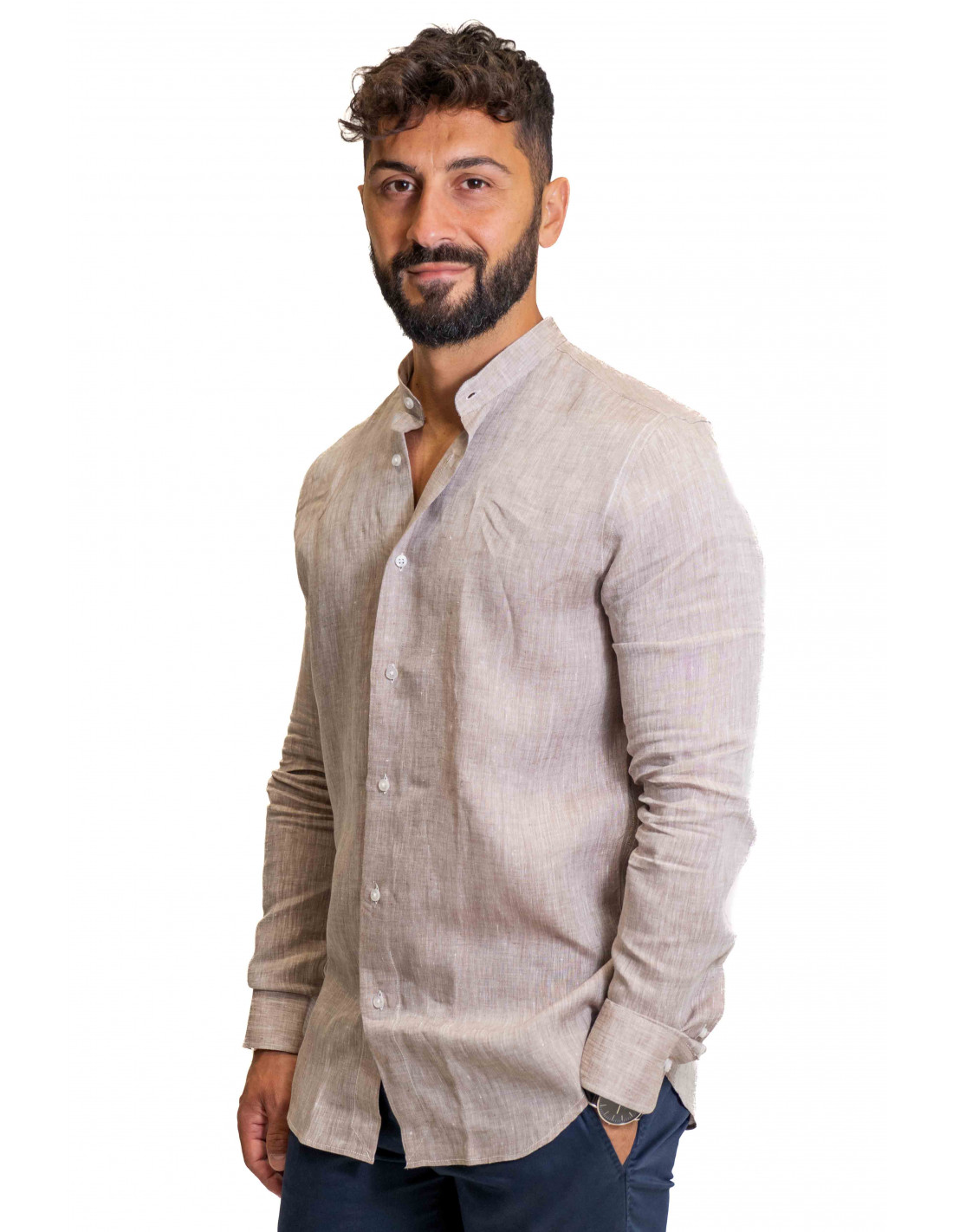 Camicia Filangieri - Collo Coreano Lino - Nocciola