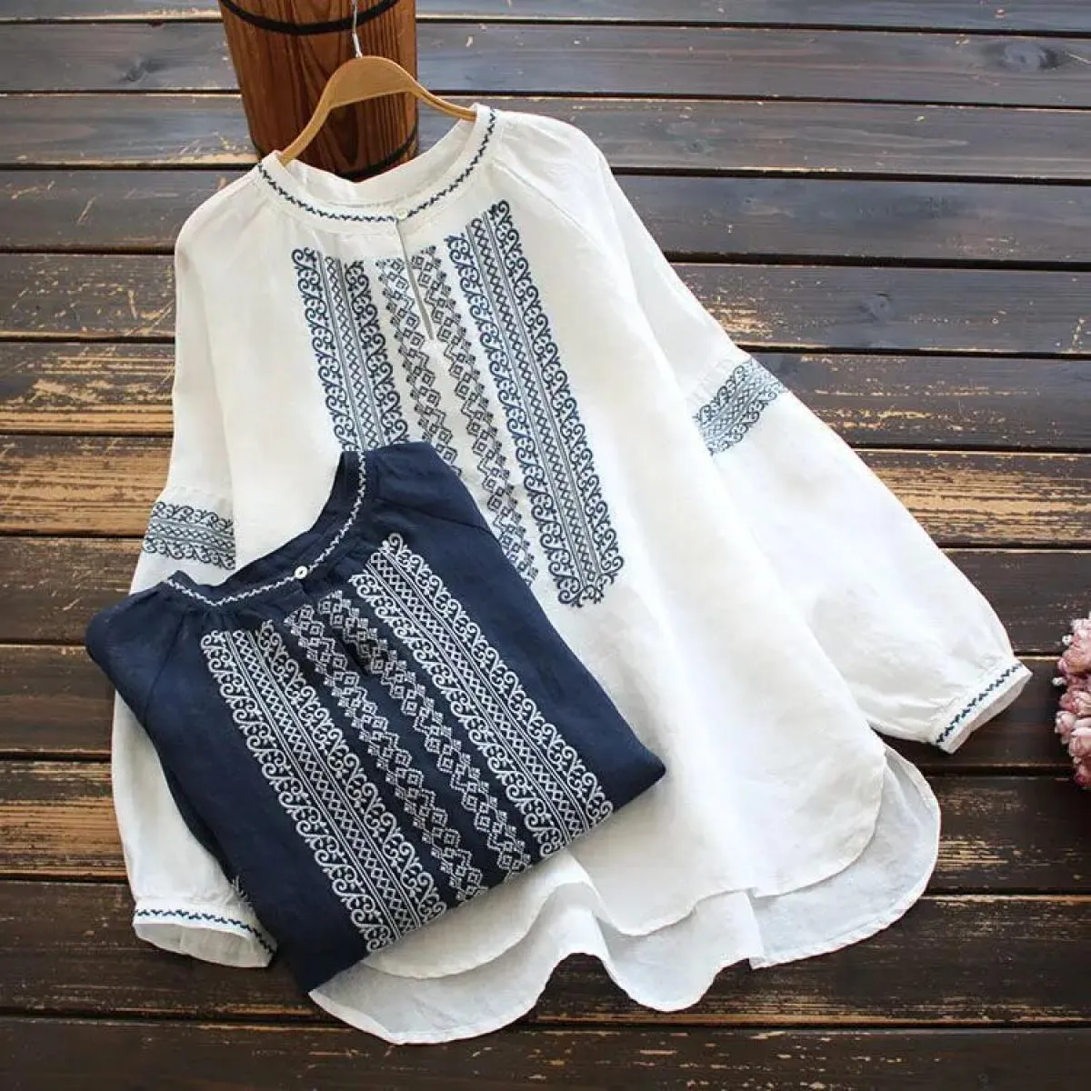 Camicia in cotone medio lungo con ricamo a maniche lunghe da pendolare retrò letterario da donna primavera autunno