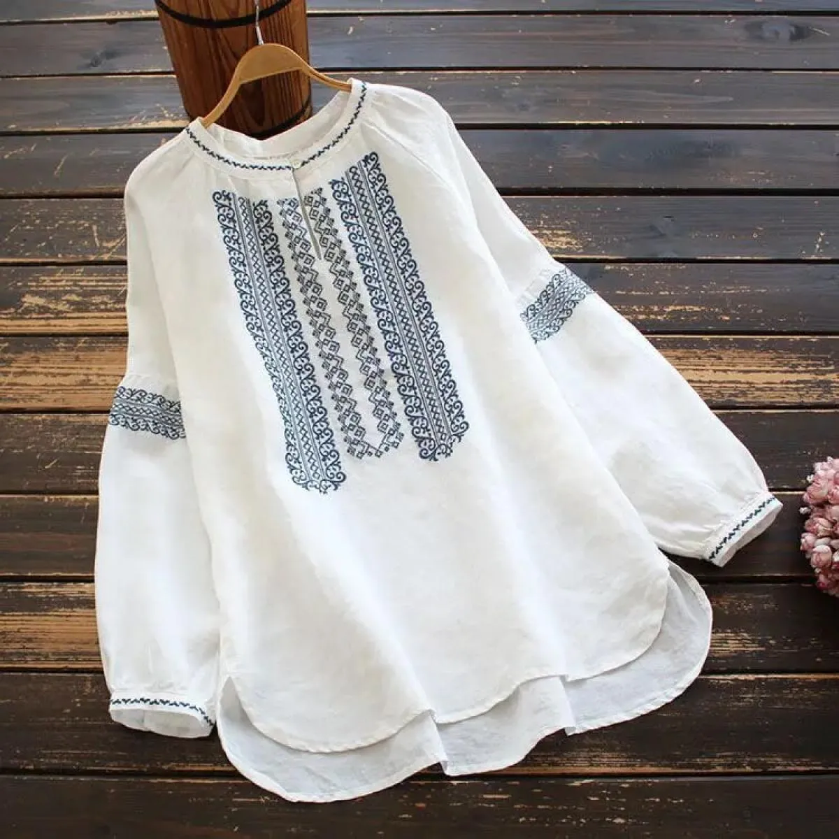 Camicia in cotone medio lungo con ricamo a maniche lunghe da pendolare retrò letterario da donna primavera autunno