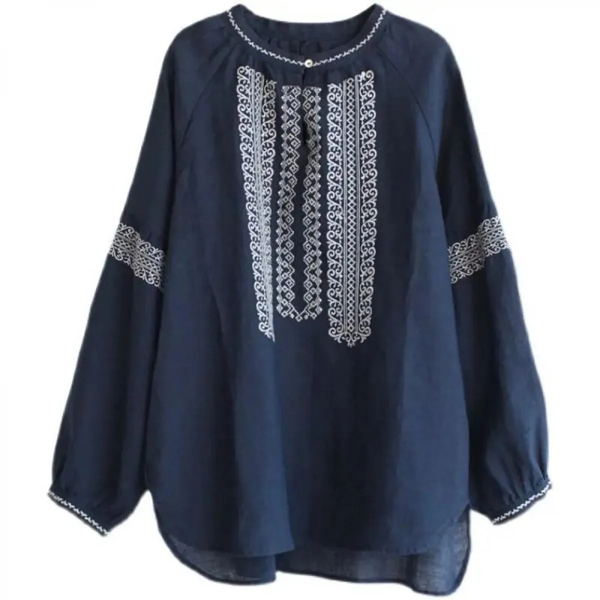 Camicia in cotone medio lungo con ricamo a maniche lunghe da pendolare retrò letterario da donna primavera autunno