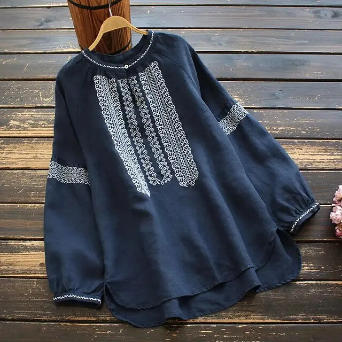 Camicia in cotone medio lungo con ricamo a maniche lunghe da pendolare retrò letterario da donna primavera autunno