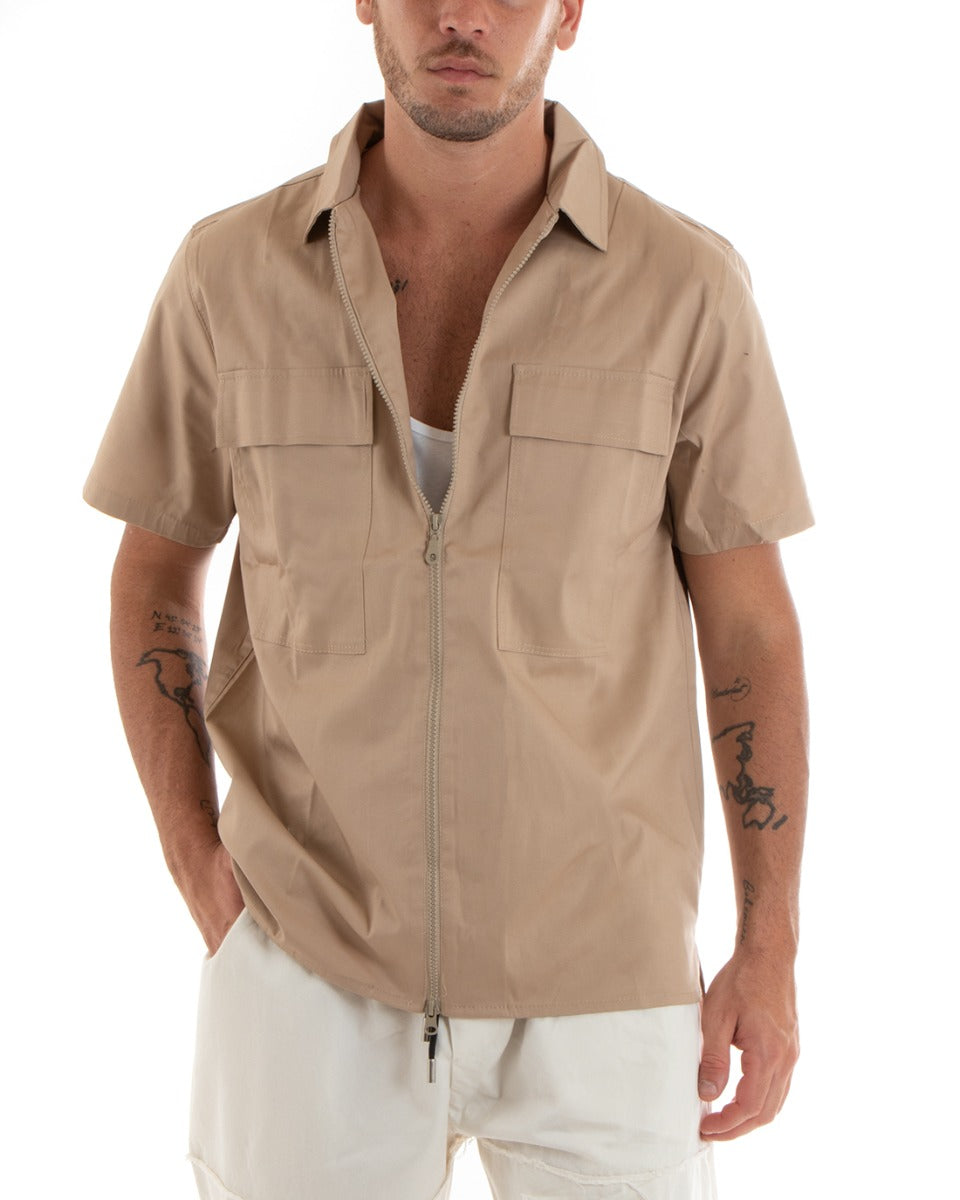 Camicia Uomo Cotone Colletto Maniche Corte Tinta Unita Cerniera Camel GIOSAL-CC1199A