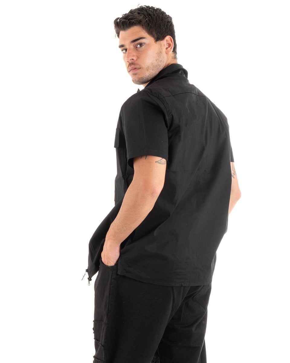 Camicia Uomo Cotone Colletto Maniche Corte Tinta Unita Cerniera Nero GIOSAL-CC1200A