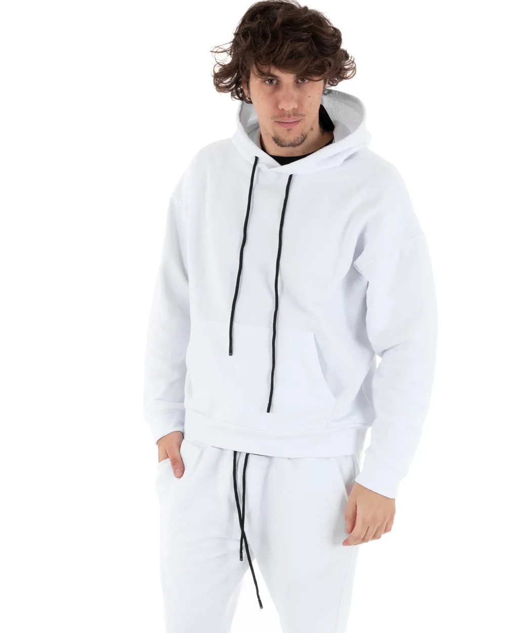 Completo Tuta Uomo Comoda Felpa Cappuccio Pantaloni Relaxed Fit Bianco GIOSAL-OU2106A