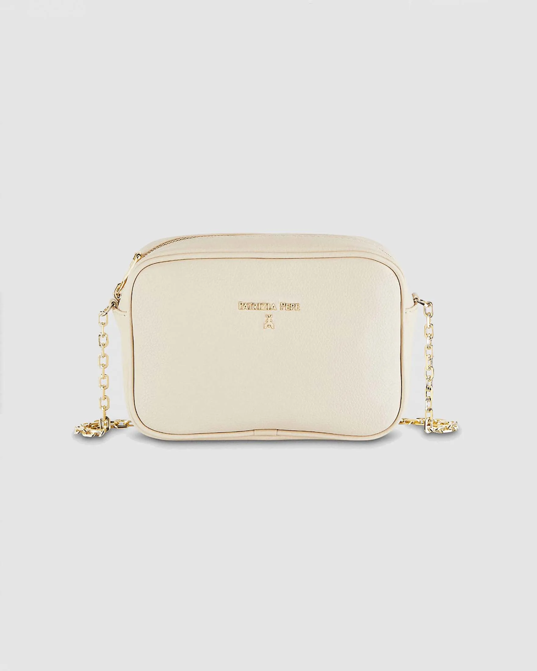 Cross bag panna in pelle con catena dorata regolabile e scritta logo dorata sul davanti