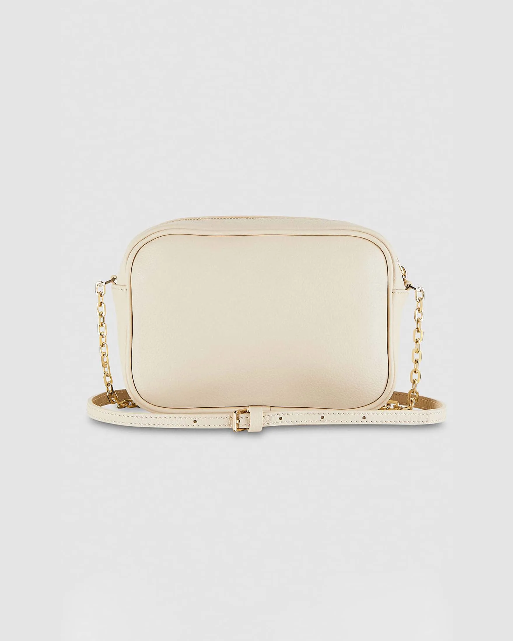 Cross bag panna in pelle con catena dorata regolabile e scritta logo dorata sul davanti