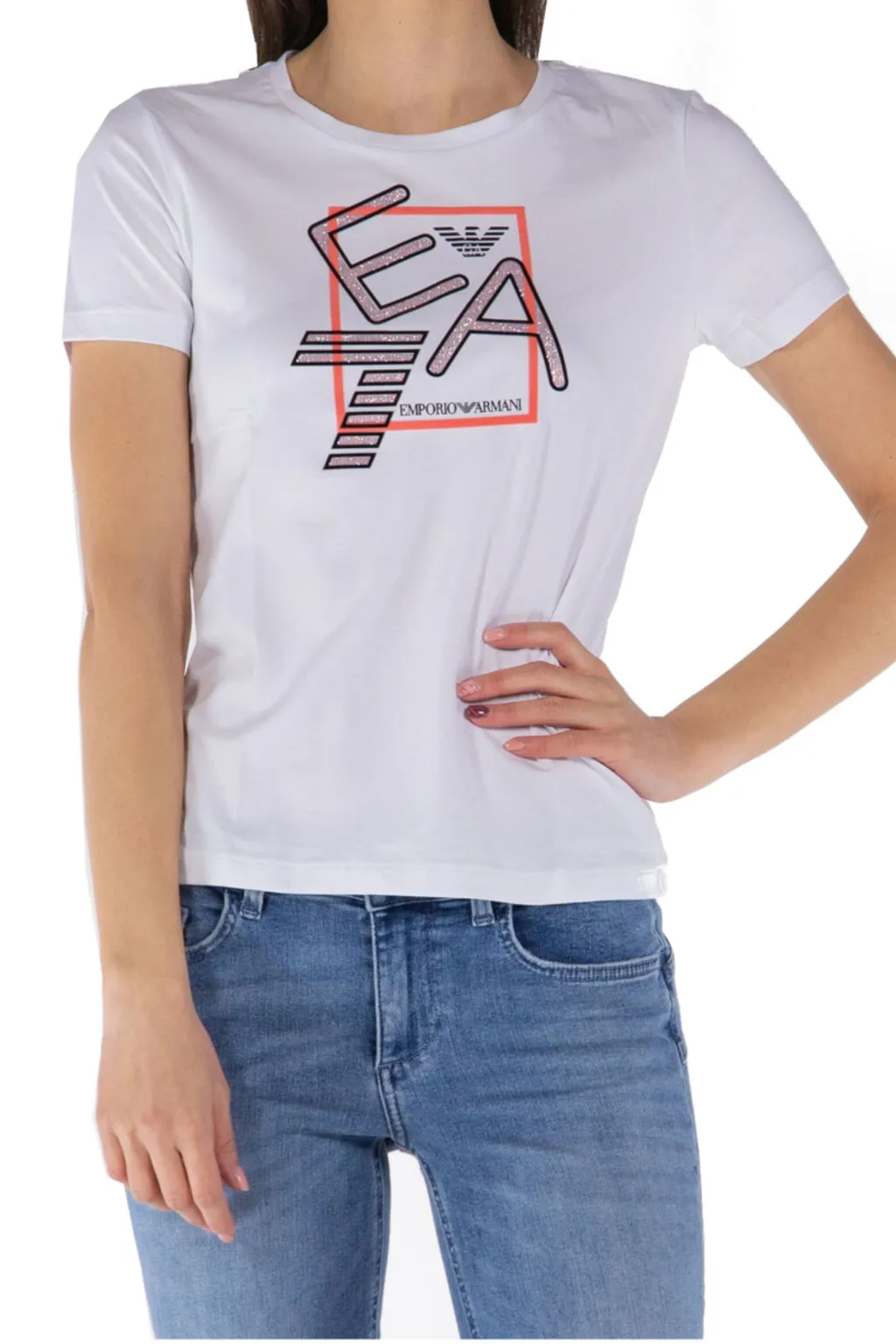 EA7 T-SHIRT DONNA GIROCOLLO IN COTONE STRETCH BIANCA 3DTT32