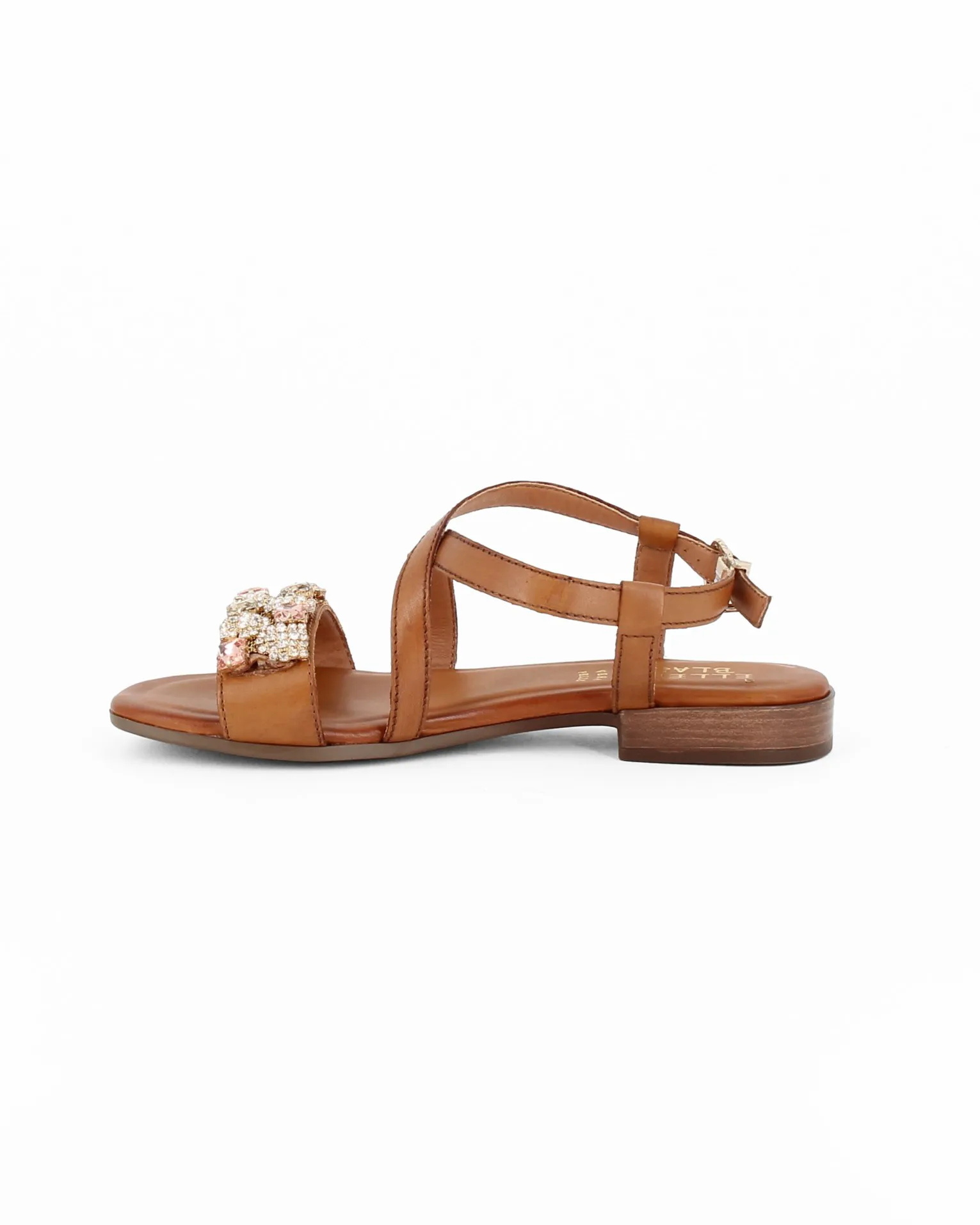 ELLEN BLAKE - Sandalo color cuoio con cinturino incrociato e strass, sottopiede in VERA PELLE tacco 2CM                         
