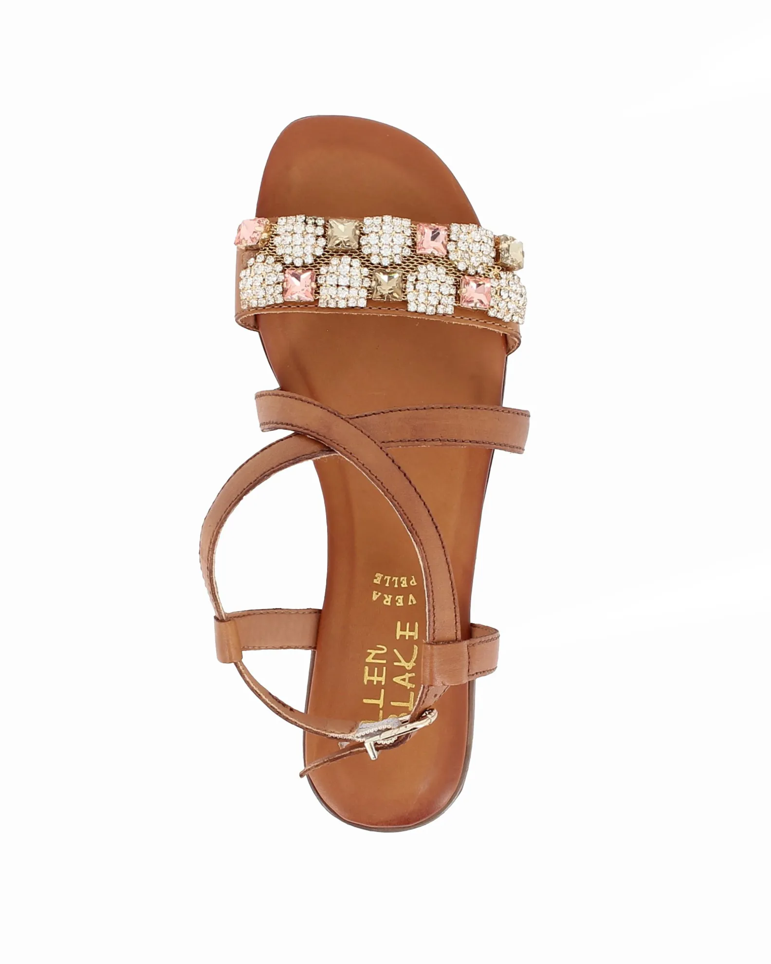 ELLEN BLAKE - Sandalo color cuoio con cinturino incrociato e strass, sottopiede in VERA PELLE tacco 2CM                         
