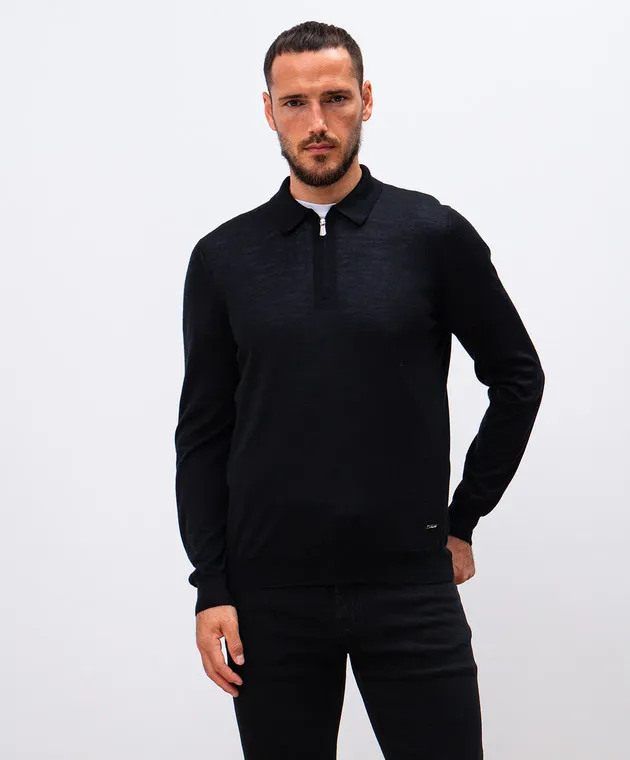 Enrico Mandelli Polo nera in lana e seta con logo metallico A9K0415269