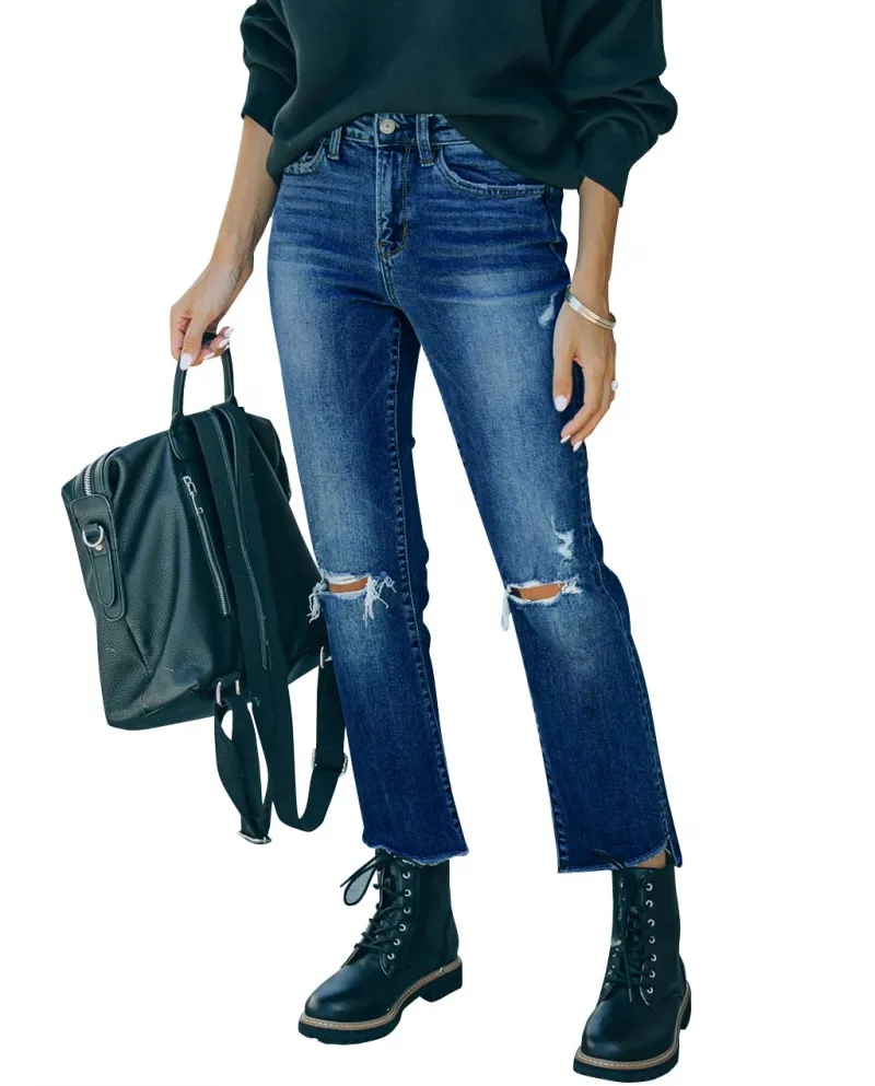 Factory Direct Sales,   Wholesale, Women's Ripped Jeans, Slimming, High-waisted Cigarette Pants, Straight Long Style