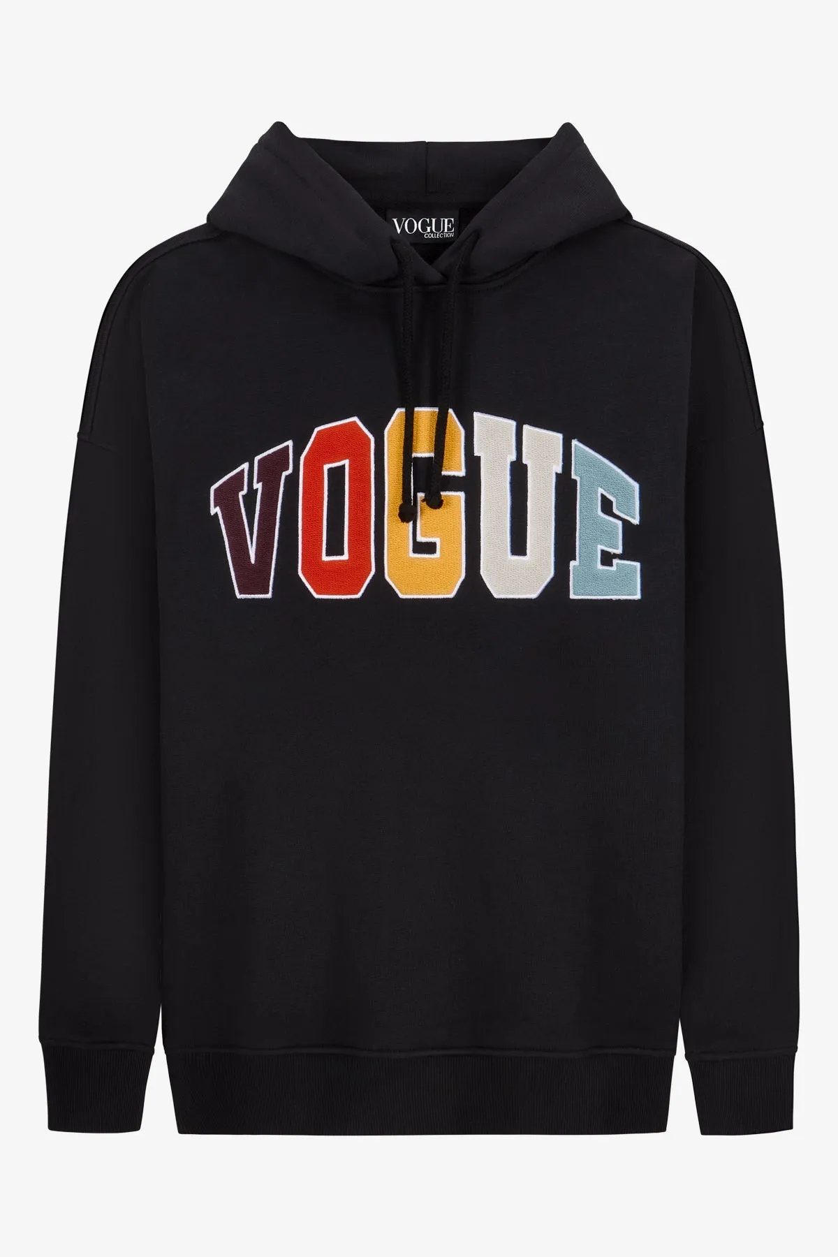 Felpa con cappuccio VOGUE Editions nera con patch logo college colorato-