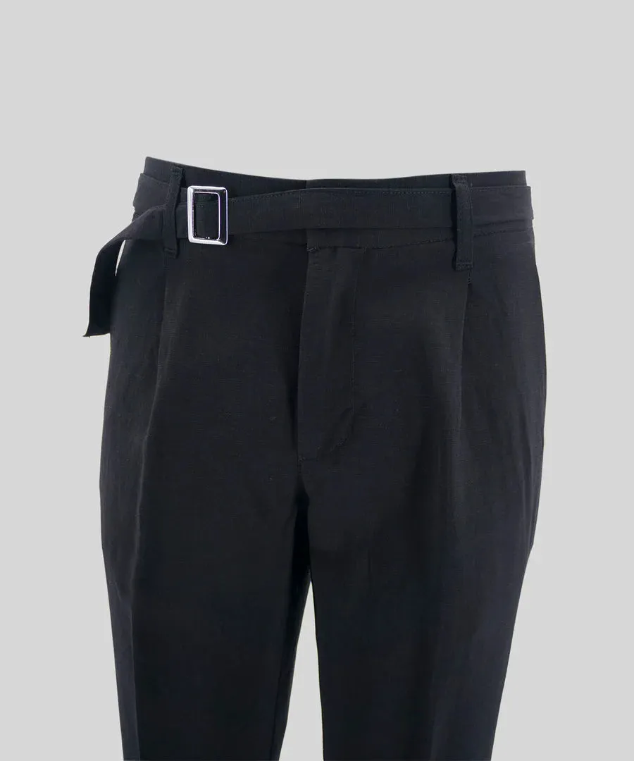 Linen Blend Drawstring Trousers / Black