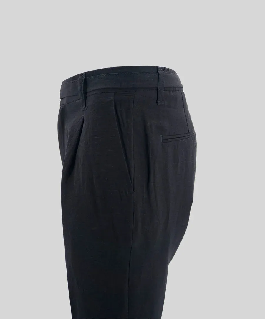 Linen Blend Drawstring Trousers / Black