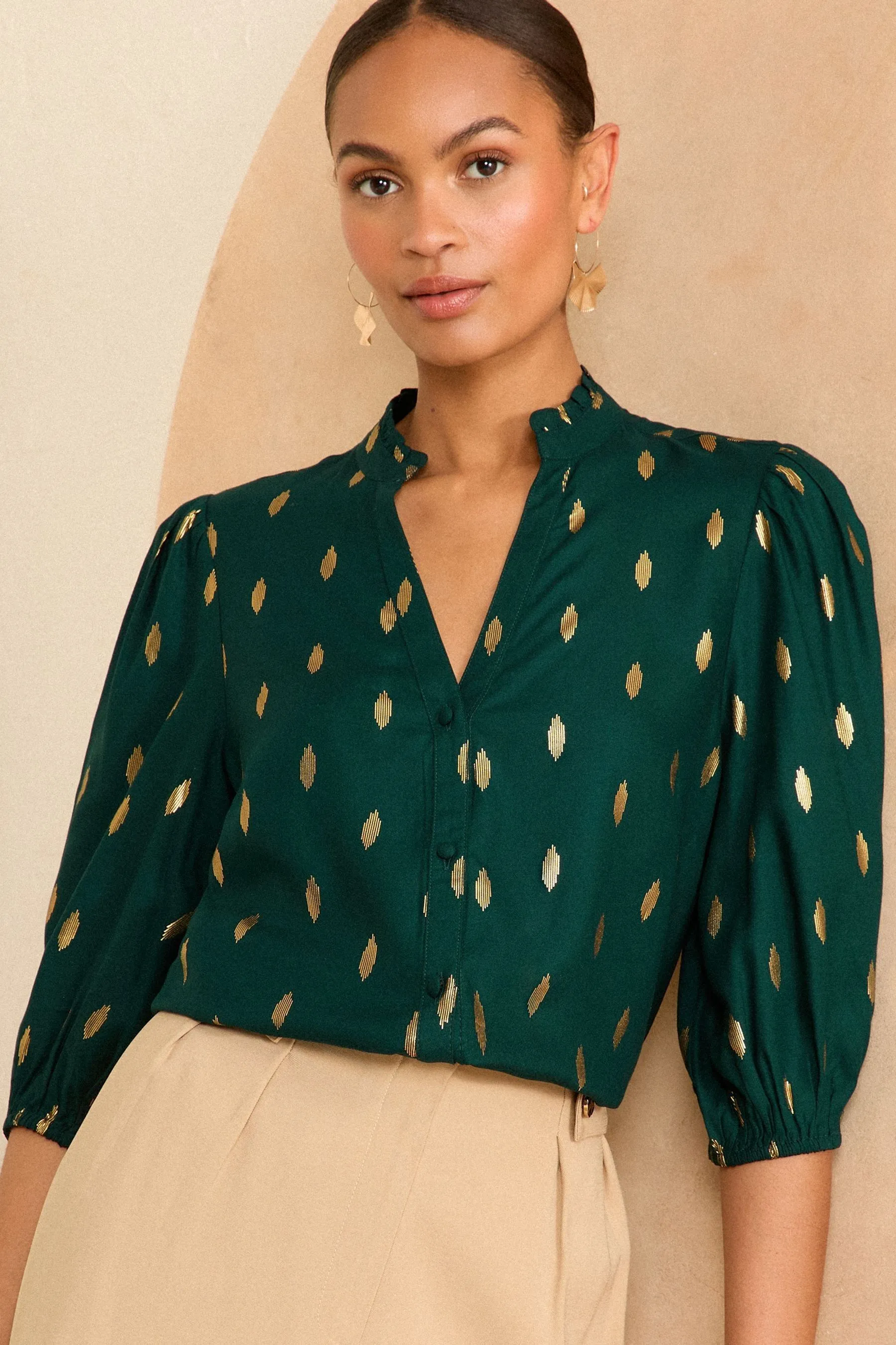 Love & Roses Ruches Scollo a V - Blusa Con bottoni maniche a 3/4