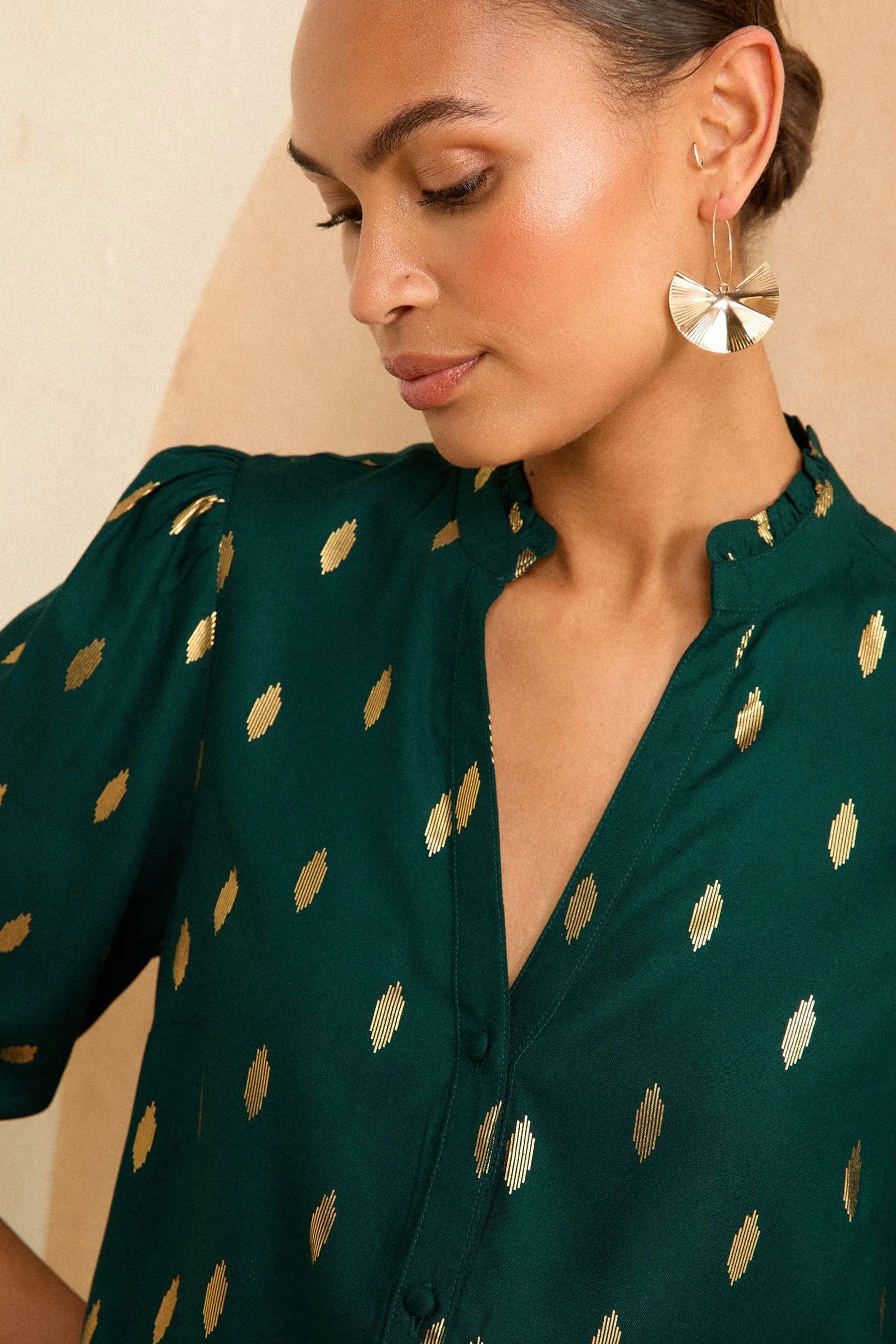 Love & Roses Ruches Scollo a V - Blusa Con bottoni maniche a 3/4
