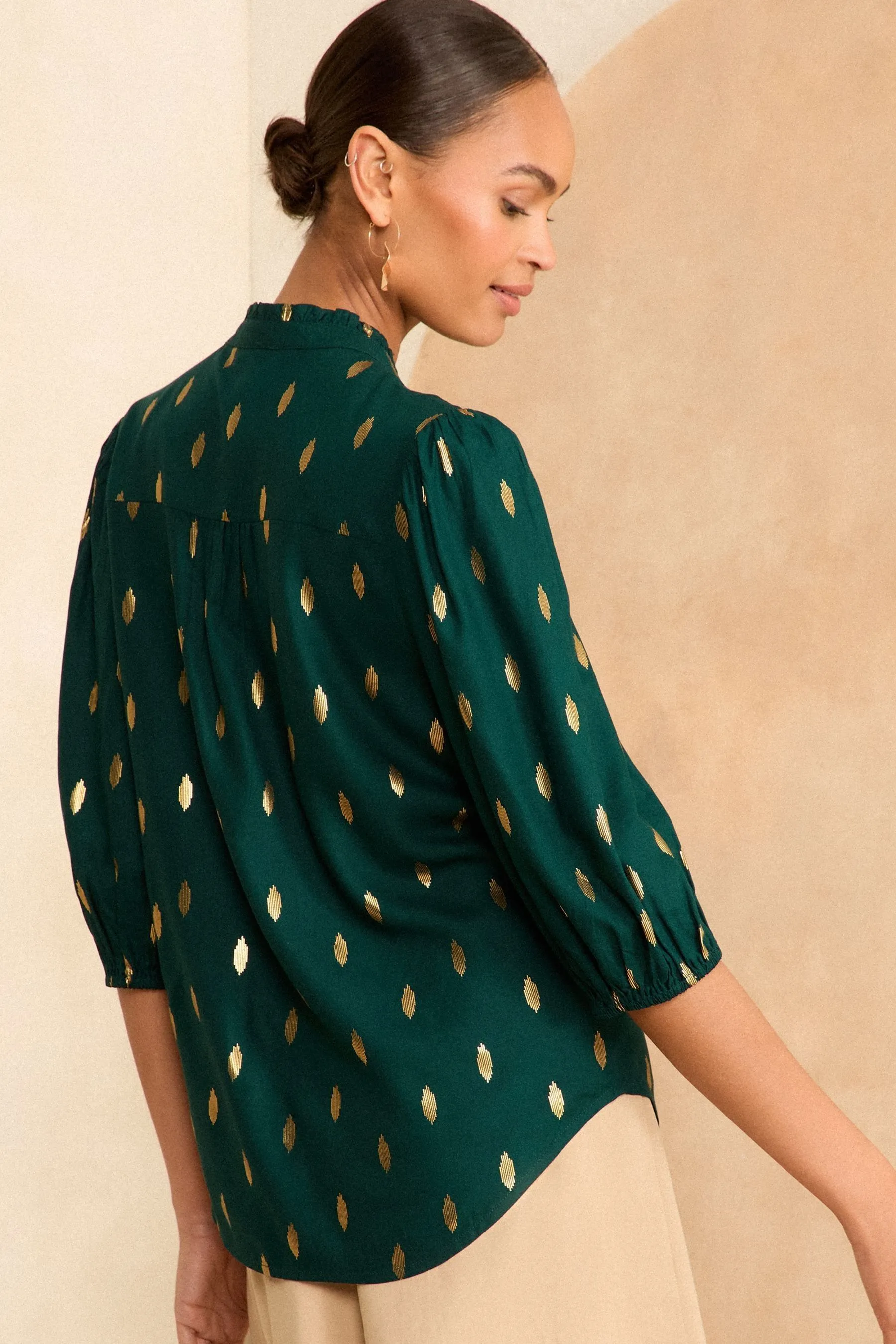 Love & Roses Ruches Scollo a V - Blusa Con bottoni maniche a 3/4