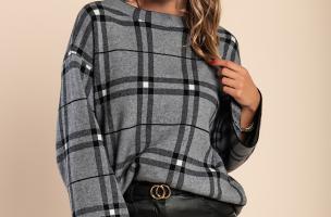 Maglia con stampa a quadri, grigia