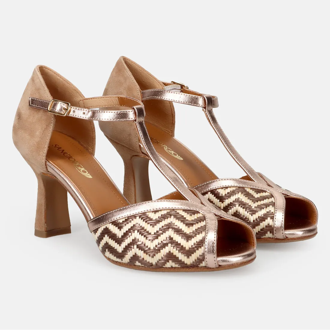 Mary Jane open toe Sangiorgio in pelle e rafia beige e platino