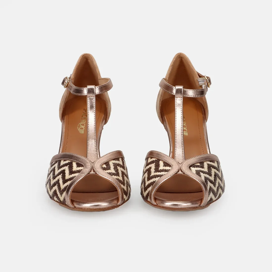 Mary Jane open toe Sangiorgio in pelle e rafia beige e platino