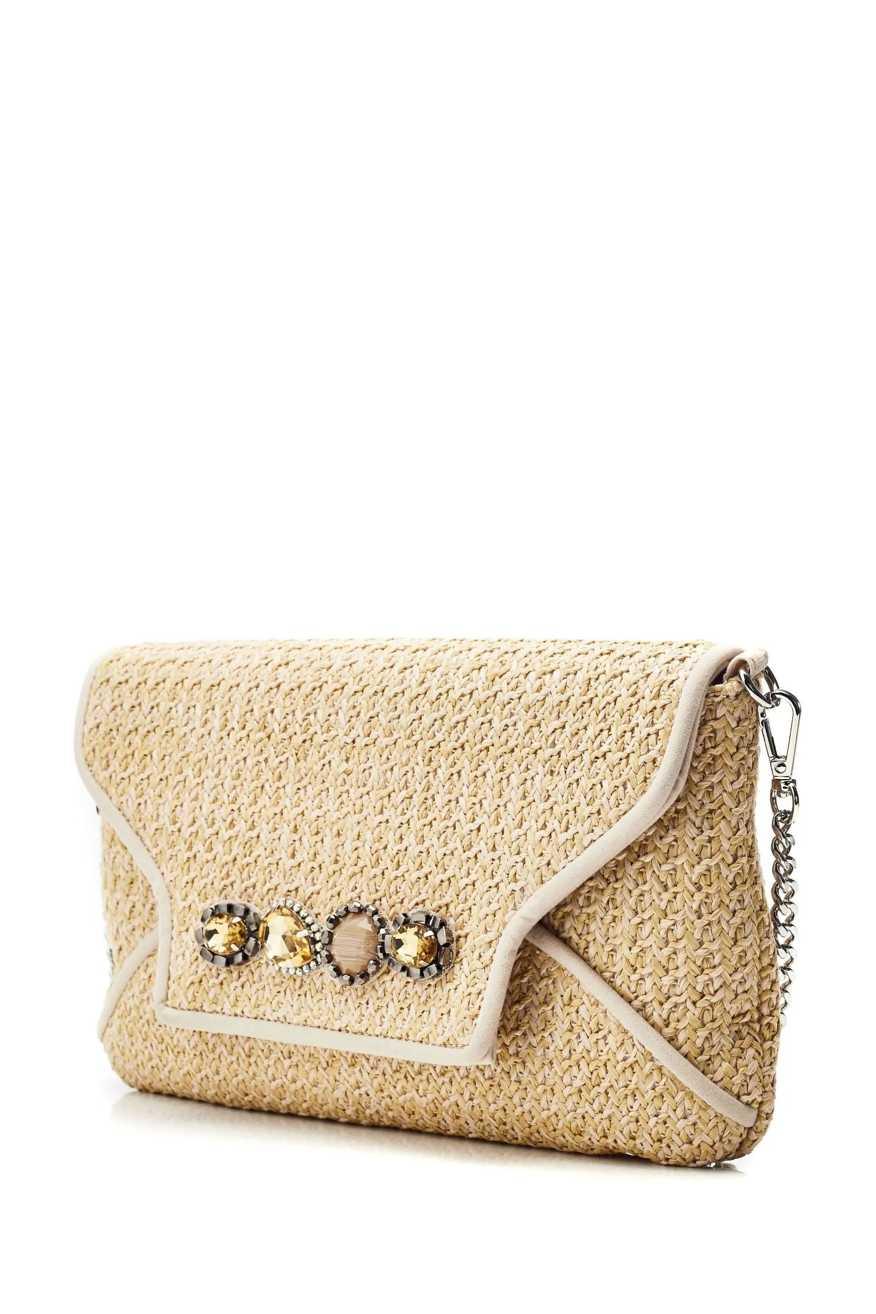 Moda in Pelle Naturale - Quinn - Pochette in rafia con finiture con gemme