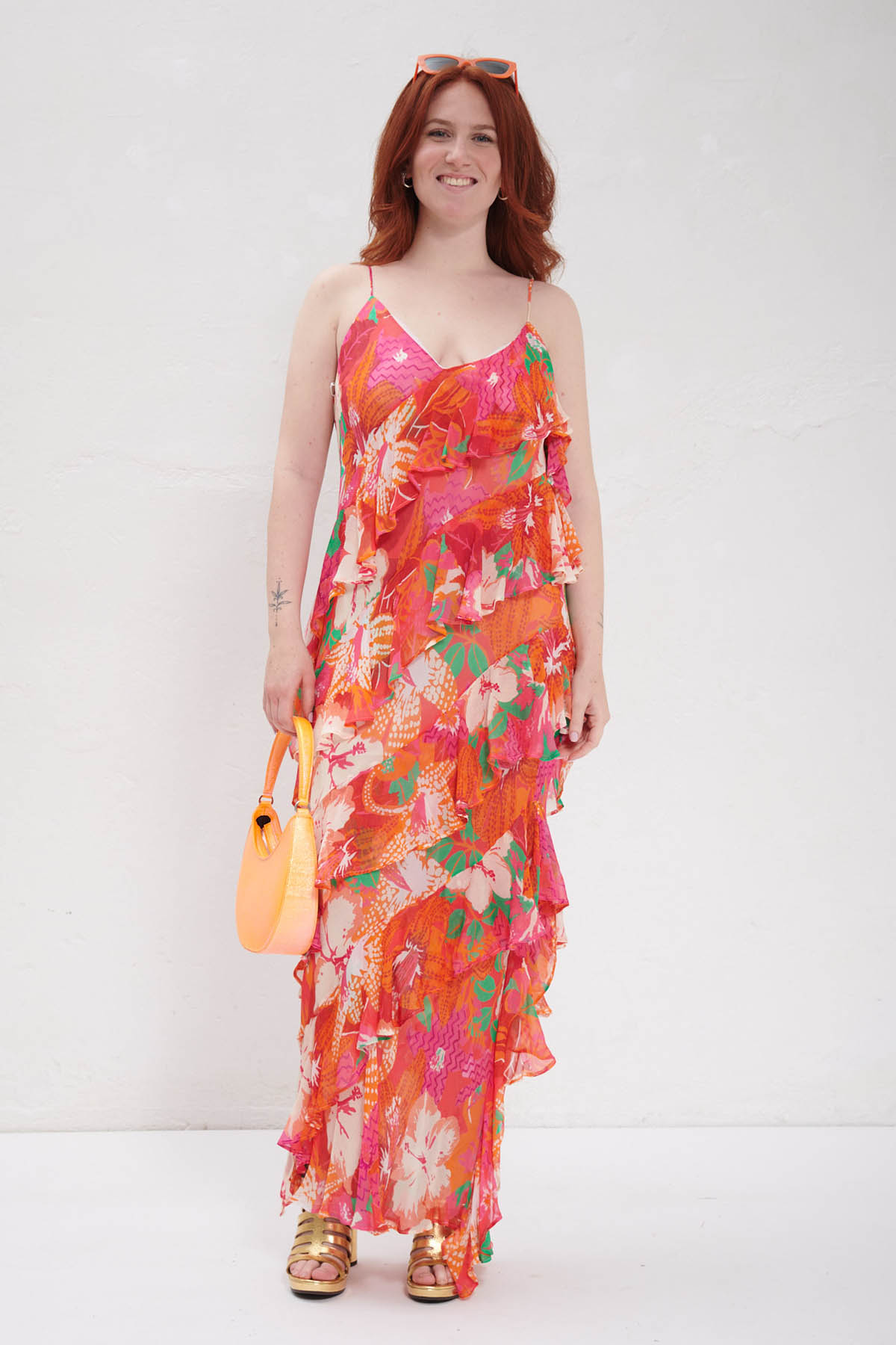 MSGM Abito lungo con balze stampa Tropico