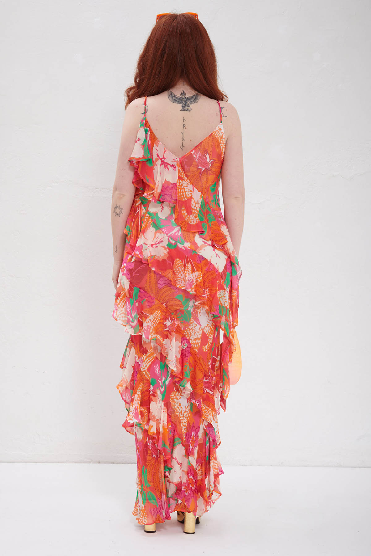MSGM Abito lungo con balze stampa Tropico