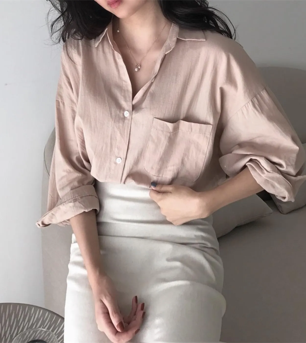 New Chic Casual Protezione solare Top Donna Autunno Stile Hong Kong Risvolto allentato Tinta unita Nona manica Camicia di media