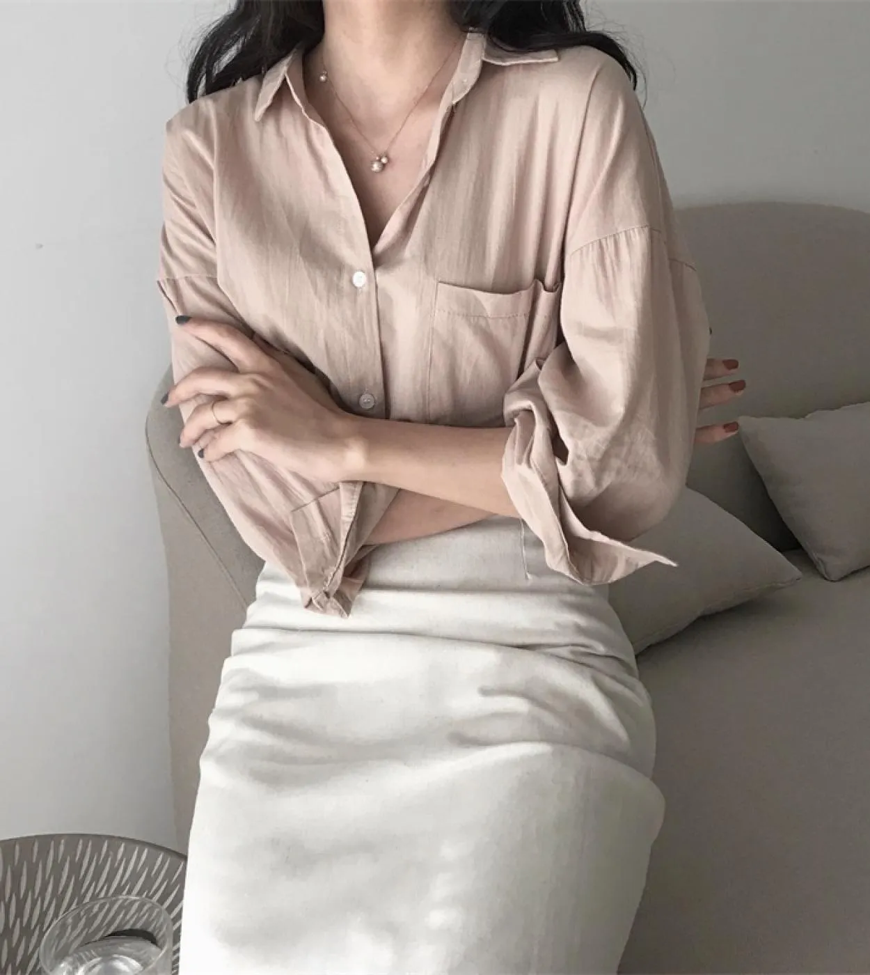 New Chic Casual Protezione solare Top Donna Autunno Stile Hong Kong Risvolto allentato Tinta unita Nona manica Camicia di media