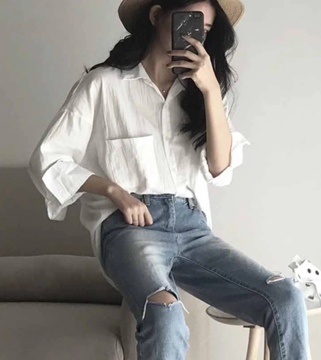 New Chic Casual Protezione solare Top Donna Autunno Stile Hong Kong Risvolto allentato Tinta unita Nona manica Camicia di media