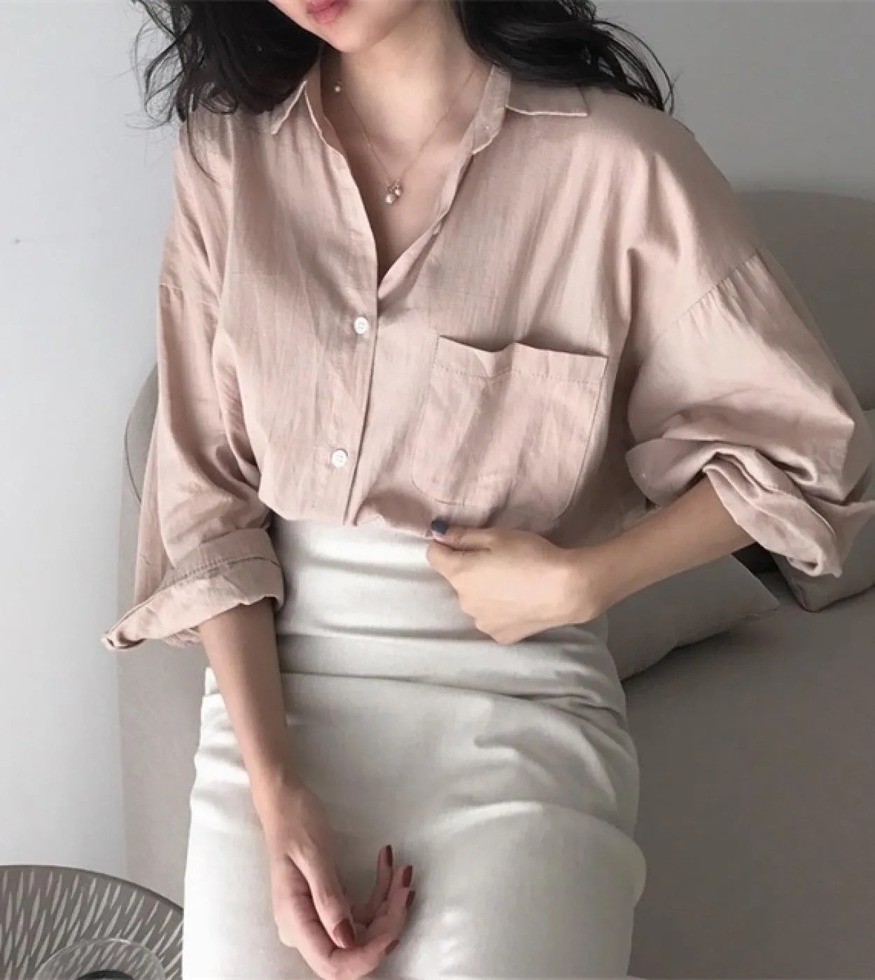 New Chic Casual Protezione solare Top Donna Autunno Stile Hong Kong Risvolto allentato Tinta unita Nona manica Camicia di media