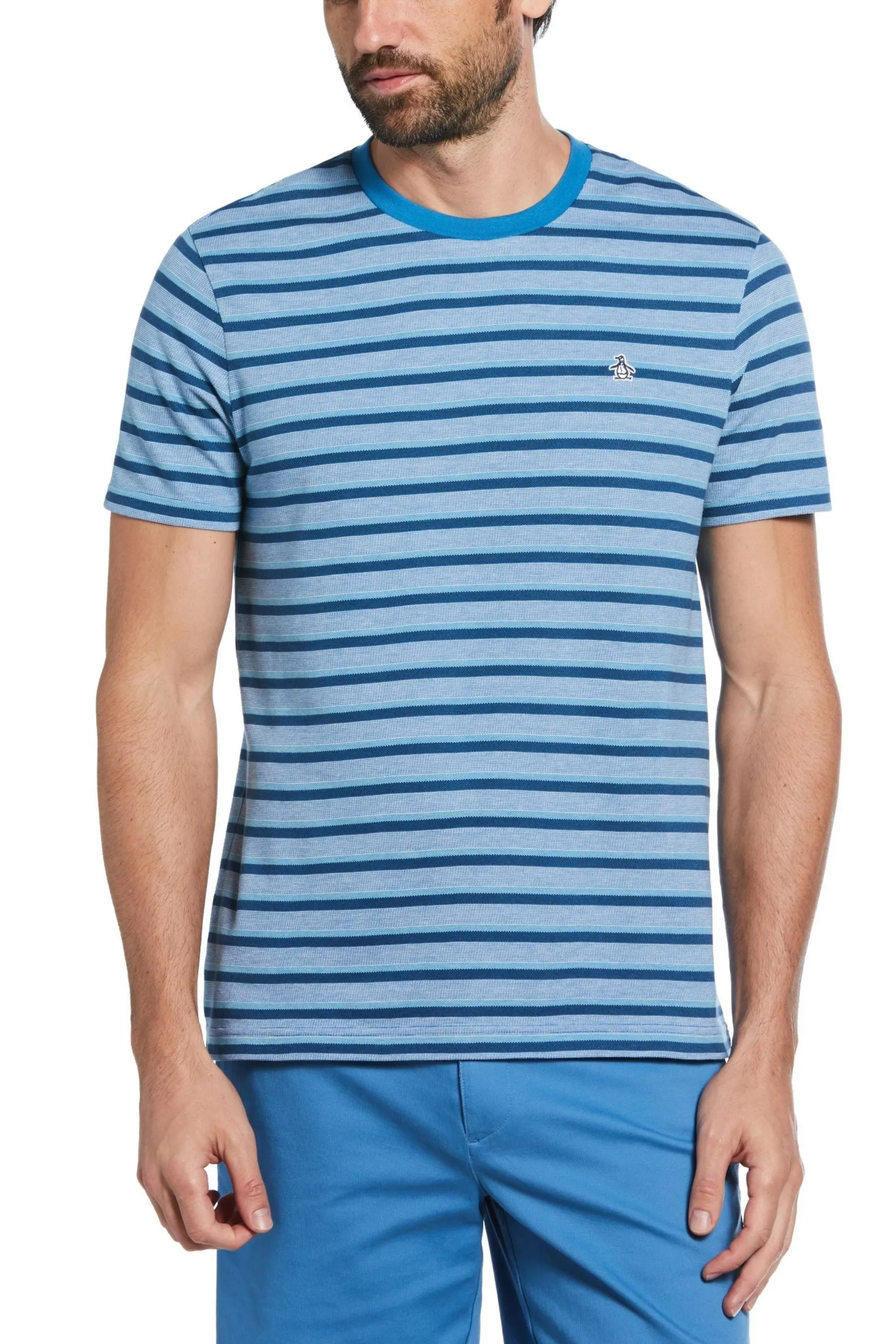 Original Penguin Blu - Shorts in piqué a righe manica T-shirt / maglia